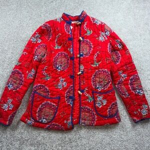 Vintage Cathay Red Quilted Peacock Print Toggle Jacket Mandarin‎ Collar Small